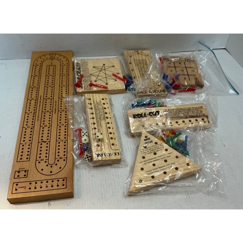Vintage Wooden Game Lot Cribbage Tic Tac Toe Mind Craze Travel Size